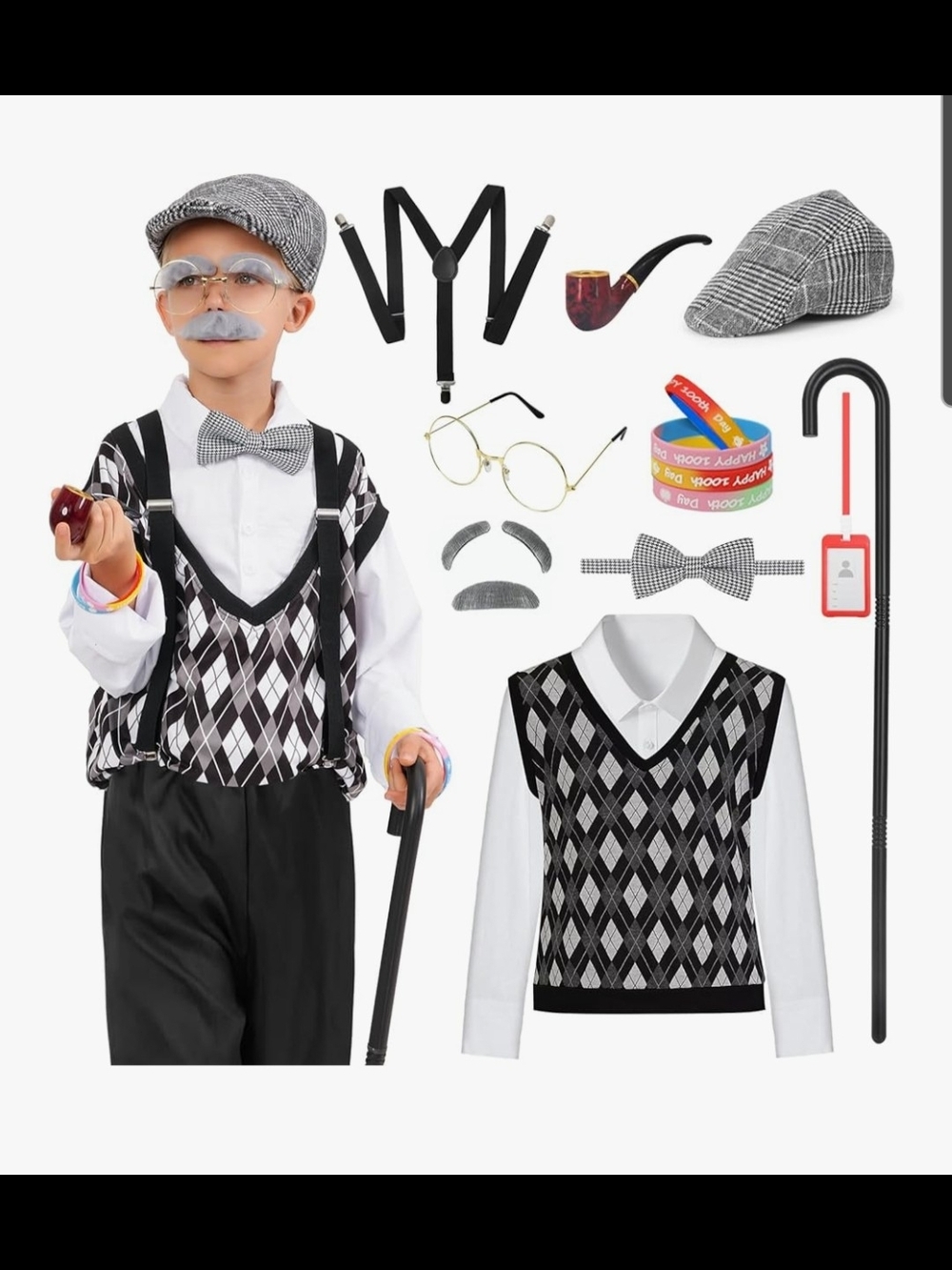 Child Argyle 100 Days Of School Costume Set with Cap & Cane - 5-7 Year Olds